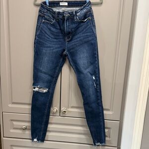 Women's high waisted Dark Blue Distressed Skinny Jeans